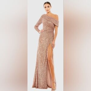 Mac Duggal 26571 Copper Pink Sequined Drop Shoulder Faux Wrap Gown NWT Sz 8